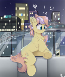 Size: 4409x5168 | Tagged: safe, artist:youle, oc, oc only, earth pony, pony, beer bottle, bottle, chest fluff, city, ear fluff, female, frog (hoof), mare, sitting, tipsy, underhoof