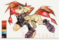 Size: 2048x1390 | Tagged: safe, artist:tlen borowski, oc, oc only, pegasus, pony, adoptable, boots, butt, clothes, fishnet clothing, fishnet stockings, fluffy, folded wings, hooves, jacket, leather, leather boots, leather jacket, looking at you, makeup, multicolored hair, palette, pegasus oc, piercing, plot, reference sheet, shoes, stockings, tail, thigh highs, traditional art, wings