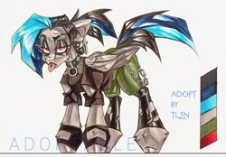 Size: 2048x1422 | Tagged: safe, artist:tlen borowski, oc, oc only, pegasus, pony, adoptable, butt, chains, clothes, collar, ear piercing, fishnet clothing, fluffy, folded wings, hooves, jacket, leather, leather jacket, legwear, looking at you, makeup, multicolored hair, palette, pegasus oc, piercing, plot, reference sheet, ripped stockings, stockings, tail, thigh highs, tongue out, tongue piercing, torn clothes, traditional art, wings