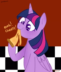 Size: 2600x3066 | Tagged: safe, artist:orcabunnies, twilight sparkle, alicorn, pony, g4, cheese, cheese pizza, cute, dialogue, eating, female, food, high res, hoof hold, mare, out of character, pizza, signature, solo, subverted meme, they're just so cheesy, twiabetes, twilight sparkle (alicorn)