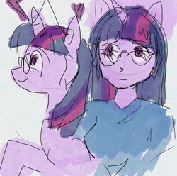 Size: 1792x1781 | Tagged: safe, artist:skypaw10, twilight sparkle, human, pony, unicorn, g4, eared humanization, female, horn, horned humanization, human ponidox, humanized, mare, self paradox, self ponidox