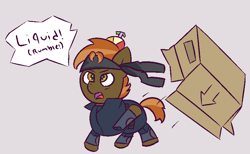 Size: 830x512 | Tagged: safe, artist:wanda, button mash, earth pony, pony, g4, box, buttonbetes, cardboard box, clothes, colt, cosplay, costume, cute, dialogue, foal, hat, male, simple background, solid snake, solo, video game