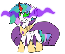 Size: 1024x854 | Tagged: safe, alternate version, artist:ashleigharts, princess celestia, pony, unicorn, g4, alternate gender counterpart, alternate timeline, alternate universe, boots, cape, clothes, colored horn, corrupted celestia, curved horn, dark magic, female, hoof shoes, horn, magic, mare, messy hair, peytral, race swap, red eyes, robe, shoes, simple background, slit pupils, solo, sombra eyes, sombra horn, transparent background, unicorn celestia, vector