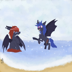 Size: 1600x1600 | Tagged: safe, artist:spectrum205, oc, oc only, bat pony, bat pony oc, beach, duo, ocean, water