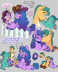 Size: 2160x2700 | Tagged: safe, artist:twillow, hitch trailblazer, izzy moonbow, pipp petals, sparky sparkeroni, dragon, earth pony, pegasus, pony, unicorn, g5, baby, baby dragon, blush lines, blushing, cheek kiss, cowboy hat, cute, father and child, father and son, female, fence, gray background, hat, high res, horn, imitation, kissing, looking at each other, looking at someone, male, mocking, momma izzy, papa hitch, plushie, ship:moontrail, shipping, simple background, smiling, spanish, straight, translated in the comments