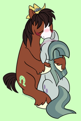 Size: 2000x3000 | Tagged: safe, artist:leopardsnaps, marble pie, trouble shoes, earth pony, pony, g4, blushing, cute, duo, eyes closed, female, green background, hat, height difference, hoof on face, kissing, looking up, male, marblebetes, mare, ship:marbleshoes, shipping, simple background, size difference, stallion, straight, troublebetes, unshorn fetlocks