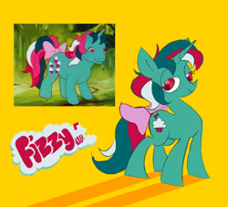 Size: 2200x2000 | Tagged: safe, artist:rubyrelax, fizzy, pony, twinkle eyed pony, unicorn, g1, bow, generation leap, horn, screencap reference, simple background, tail, tail bow, yellow background