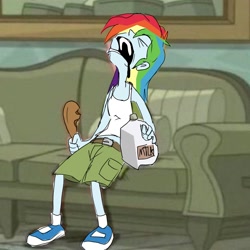 Size: 2000x2000 | Tagged: safe, artist:skypaw10, rainbow dash, human, equestria girls, g4, chicken leg, couch, female, food, holding, human female, milk jug, multicolored hair, open mouth, phineas and ferb, rainbow hair, sleeping, solo, trace