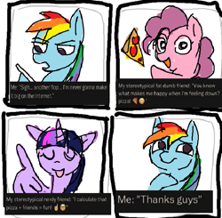 Size: 659x647 | Tagged: safe, artist:skypaw10, pinkie pie, rainbow dash, twilight sparkle, alicorn, earth pony, pegasus, pony, g4, female, food, humor, pizza, talking, trio, trio female, twilight sparkle (alicorn)