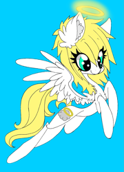 Size: 1103x1534 | Tagged: safe, artist:aspenglowe, oc, oc only, angel, pegasus, pony, 2012, blonde mane, blonde tail, blue background, blue eyes, cute, halo, ocbetes, simple background, solo, tail, white coat