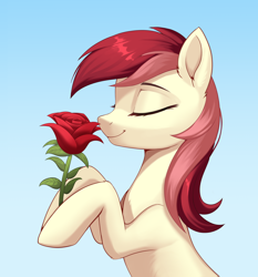 Size: 2638x2833 | Tagged: safe, artist:sierraex, roseluck, earth pony, pony, g4, eyes closed, female, flower, gradient background, mare, rearing, rose, smiling, solo