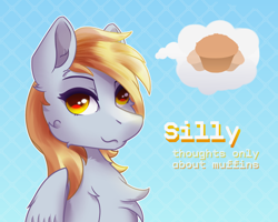 Size: 2500x2000 | Tagged: safe, artist:divori, derpy hooves, pegasus, pony, g4, abstract background, female, food, gradient background, looking at you, mare, muffin, patterned background, silly, silly pony, solo, thinking, yellow eyes