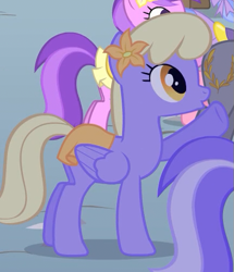 Size: 431x501 | Tagged: safe, screencap, amethyst star, diamond mint, orange blossom, prim posy, sparkler, earth pony, pony, g4, season 1, the best night ever, :o, at the gala, background pony, clothes, cute, dress, female, flower, flower in hair, gala dress, mare, oooooh, open mouth, palette swap, raised hoof, recolor, singing, skirt