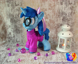 Size: 2657x2193 | Tagged: safe, artist:1stastrastudio, oc, oc only, oc:save state, pony, unicorn, bow, clothes, female, filly, foal, glasses, hair bow, horn, irl, lantern, photo, plushie, solo, sweater