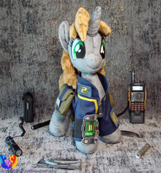 Size: 2065x2213 | Tagged: safe, artist:1stastrastudio, oc, oc only, oc:littlepip, pony, fallout equestria, clothes, flashlight (object), irl, jumpsuit, lantern, photo, plushie, solo, switchblade, vault suit, walkie talkie