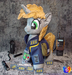 Size: 2232x2304 | Tagged: safe, artist:1stastrastudio, oc, oc only, oc:littlepip, pony, fallout equestria, clothes, flashlight (object), irl, jumpsuit, lantern, photo, plushie, solo, switchblade, vault suit, walkie talkie