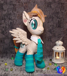 Size: 2160x2456 | Tagged: safe, artist:1stastrastudio, oc, oc only, oc:tek gniwelttil, bat pony, pony, clothes, cute, cute little fangs, fangs, female, freckles, irl, lantern, mare, necktie, photo, plushie, pony plushie, socks, solo, striped socks