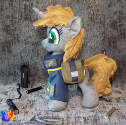 Size: 2126x2112 | Tagged: safe, artist:1stastrastudio, oc, oc only, oc:littlepip, pony, fallout equestria, bag, clothes, flashlight (object), irl, jumpsuit, lantern, photo, plushie, saddle bag, solo, switchblade, vault suit, walkie talkie