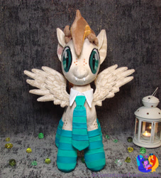 Size: 2216x2440 | Tagged: safe, artist:1stastrastudio, oc, oc only, oc:tek gniwelttil, bat pony, pony, clothes, cute, cute little fangs, fangs, female, freckles, irl, lantern, mare, necktie, photo, plushie, pony plushie, socks, solo, striped socks