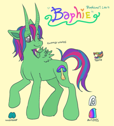 Size: 811x896 | Tagged: safe, artist:rainbowteeth, oc, oc only, oc:baphomet lenz, alicorn, bicorn, pony, clipped wings, horn, multiple horns, reference sheet, simple background, solo, wings, yellow background