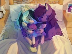 Size: 5000x3759 | Tagged: safe, artist:tyutya, oc, oc only, oc:luny, oc:pestyskillengton, pegasus, pony, alarm clock, bed, clock, couple, female, jewelry, lesbian, magical lesbian spawn, married couple, offspring, picture frame, ring, shipping, sleeping, wedding ring