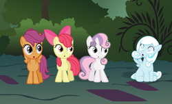 Size: 1513x920 | Tagged: safe, anonymous artist, artist:batbow, artist:fabulousmoustache, artist:poniesfromheaven, apple bloom, scootaloo, sweetie belle, oc, oc:snowdrop, earth pony, pegasus, pony, unicorn, g4, :o, adorabloom, apple bloom's bow, bow, cute, cutealoo, cutie mark crusaders, cutie mark cuties, diasweetes, everfree forest, female, filly, foal, hair bow, headcanon, headcanon in the description, horn, looking at each other, looking at someone, looking up, ocbetes, open mouth, pegasus oc, sitting, snowbetes, spread wings, story included, surprised, wings