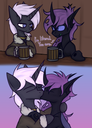 Size: 1901x2642 | Tagged: safe, artist:ashel_aras, oc, oc only, changeling, pony, unicorn, fallout equestria, changeling oc, duo, gift art, horn, kissing, pony oc, sketch, text