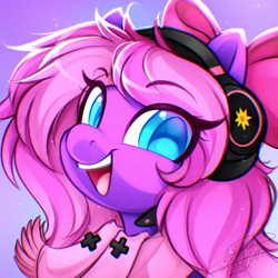 Size: 750x750 | Tagged: safe, artist:scarlet-spectrum, oc, oc only, oc:lillybit, pony, bow, bust, colored pupils, female, gradient background, hair bow, headphones, looking at you, mare, open mouth, open smile, portrait, smiling, smiling at you, solo