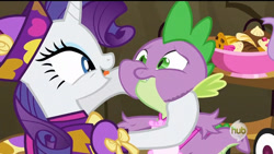 Size: 1280x720 | Tagged: safe, artist:poniesmeme20, edit, edited screencap, screencap, rarity, spike, dragon, pony, unicorn, dragon quest, g4, season 2, apron, clothes, cookie, cute, duo, duo male and female, female, food, horn, male, shipping fuel, spikabetes, spike is not amused, unamused, wat, weird description, wingless spike