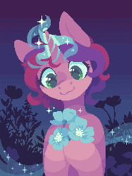 Size: 1480x1976 | Tagged: safe, artist:danvo, oc, oc only, oc:melody (melodylibris), pony, unicorn, digital art, dithering, female, flower, gradient background, horn, magic, not pinkie pie, pixel art, solo, sparkles