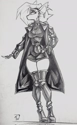 Size: 1262x2048 | Tagged: safe, artist:tlen borowski, oc, oc only, oc:tlen borowski, anthro, belt, boots, breasts, cloak, clothes, coat, collar, female, fluffy, full body, gloves, hand on hip, hips, hooves, jacket, leather, leather boots, leather jacket, makeup, monochrome, shoes, sketch, skirt, solo, tail, traditional art, wide hips