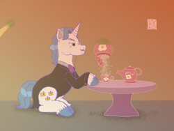 Size: 4624x3468 | Tagged: safe, artist:fancytreats, fancypants, flam, pony, unicorn, g4, annoyed, cup, disgruntled, duo, duo male, filter, food, glowing, glowing horn, gradient background, hooves on the table, horn, implied flam, magic, male, offscreen character, pouting, sitting, stallion, sugar (food), table, tea, teacup, teapot, unicorn horn