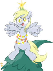 Size: 1080x1440 | Tagged: safe, artist:和曲, derpy hooves, pegasus, pony, g4, christmas, christmas lights, christmas star, christmas tree, derpy star, female, holiday, mare, open mouth, simple background, smiling, solo, spread hooves, spread wings, text, tree, white background, wings