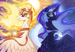 Size: 2360x1640 | Tagged: safe, artist:wood sheep, daybreaker, nightmare moon, alicorn, pony, g4, armor, aside glance, blue eyes, blue mane, bust, colored pupils, digital art, duo, duo female, ethereal mane, evil sisters, eyebrows, eyelashes, eyeshadow, fangs, feather, female, flowing mane, glowing, helmet, horn, lidded eyes, looking at you, makeup, mane of fire, mare, open mouth, open smile, peytral, raised eyebrow, siblings, sisters, slender, smiling, smiling at you, sparkles, spread wings, starry mane, stars, sternocleidomastoid, thin, wing armor, wings, yellow eyes