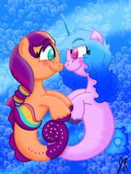 Size: 1620x2160 | Tagged: safe, artist:jesslmc16, idw, izzy moonbow, sunny starscout, earth pony, pony, sea pony, seahorse, seapony (g4), unicorn, g5, my little pony: set your sail, blushing, bubble, cute, dorsal fin, duo, duo female, female, fin, fish tail, floating, flowing mane, flowing tail, horn, izzybetes, lesbian, looking at each other, looking at someone, mane stripe sunny, ocean, scales, sea pony (g5), seaponified, seapony izzy moonbow, seapony sunny starscout, ship:moonscout, shipping, signature, smiling, smiling at each other, species swap, sunnybetes, swimming, tail, underwater, unshorn fetlocks, water