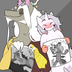 Size: 825x825 | Tagged: safe, artist:shortbred, discord, oc, oc:taffeta, g5, spoiler:g5comic, beard, blushing, broken horn, canon x oc, distaff, draw me like one of your french girls, drawing, facial hair, happy, horn, interpretation, long beard, long hair, long nails, nudity, old man discord, red face, sharp nails, smiling, snaggletooth, sparkles, stars, white hair