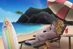 Size: 1600x1067 | Tagged: safe, artist:acry-artwork, oc, oc only, oc:radical bay, earth pony, pony, beach, earth pony oc, my little pony logo, solo, surfboard