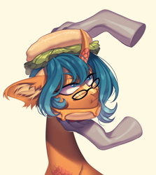 Size: 3110x3481 | Tagged: safe, artist:meggychocolatka, oc, pony, unicorn, blue eyes, blue hair, burger, ear fluff, food, glasses, horn, lettuce, male, meat, offscreen character, orange body, paws, solo focus, stallion, unamused, unicorn oc