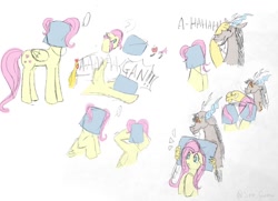 Size: 1024x743 | Tagged: safe, artist:gurasu, boneless, discord, fluttershy, bird, chicken, draconequus, pegasus, g4, bucket, comic, exclamation point, female, laughing, male, screaming, ship:discoshy, shipping, sketch, straight, stuck