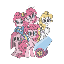 Size: 1080x1080 | Tagged: safe, artist:frausekiya, pinkie pie, surprise, earth pony, pegasus, pony, equestria girls, g1, g4, female, filly, filly pinkie pie, foal, frown, grin, mare, multeity, party cannon, pinkamena diane pie, self paradox, self ponidox, simple background, smiling, too much pink energy is dangerous, white background, younger