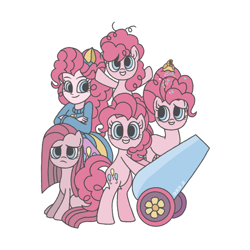 Size: 1080x1080 | Tagged: safe, alternate version, artist:frausekiya, pinkie pie, earth pony, pony, equestria girls, g4, female, filly, filly pinkie pie, foal, frown, grin, mare, multeity, older, older pinkie pie, party cannon, pinkamena diane pie, self paradox, self ponidox, simple background, smiling, too much pink energy is dangerous, white background, younger