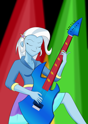 Size: 4961x7016 | Tagged: safe, artist:пшеница, derpibooru exclusive, trixie, human, rainbow rocks 10th anniversary, equestria girls, g4, my little pony equestria girls: rainbow rocks, electric guitar, eyes closed, female, guitar, musical instrument, playing instrument, solo, stage light