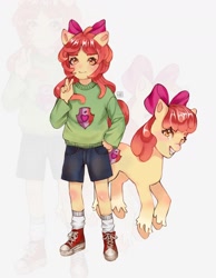 Size: 1400x1800 | Tagged: safe, artist:willyjoy, apple bloom, earth pony, human, pony, g4, clothes, converse, eared humanization, female, filly, foal, grin, human ponidox, humanized, self paradox, self ponidox, shoes, shorts, smiling, socks, sweater, unshorn fetlocks, zoom layer