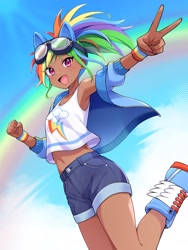 Size: 2250x3000 | Tagged: safe, artist:ohuonn89, kotobukiya, rainbow dash, human, g4, armpits, bare shoulders, clothes, cute, dark skin, goggles, humanized, jacket, kotobukiya rainbow dash, peace sign, rainbow, shirt, shorts, tank top