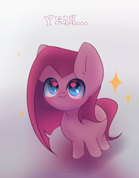 Size: 2000x2550 | Tagged: safe, artist:miryelis, pinkie pie, earth pony, pony, g4, chibi, cute, cuteamena, gray background, heart, heart eyes, pinkamena diane pie, simple background, smiling, smol, solo, sparkles, text, wingding eyes, yeah