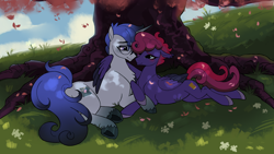 Size: 2620x1473 | Tagged: safe, artist:frowoppy, oc, oc only, pegasus, pony, unicorn, dappled sunlight, duo, horn, oc x oc, pegasus oc, shipping, tree, under the tree, unicorn oc