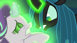 Size: 1280x720 | Tagged: safe, artist:14oliverhedgehog, edit, edited screencap, screencap, queen chrysalis, starlight glimmer, changeling, changeling queen, pony, unicorn, g4, my little pony: friendship is magic, season 6, to where and back again, abuse, alternate ending, alternate scenario, bad end, duo, female, glimmerbuse, glowing, glowing horn, gritted teeth, horn, hypnosis, hypnotized, looking at each other, looking at someone, magic, magic aura, mare, scared, teeth, this will not end well, victorious villain