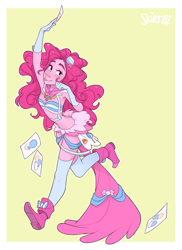 Size: 762x1048 | Tagged: dead source, safe, alternate version, artist:skirtzzz, part of a set, pinkie pie, human, g4, armpits, bandeau, boots, breasts, card, clothes, crossover, delicious flat chest, dignified wear, dress, dressphere, evening gloves, female, final fantasy, final fantasy x-2, gala dress, gloves, humanized, long gloves, midriff, miniskirt, pony coloring, shoes, skirt, socks, solo, thigh highs, tongue out