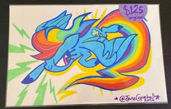 Size: 4032x2574 | Tagged: safe, artist:janegumball, part of a set, rainbow dash, pegasus, pony, g4, advertisement in description, blue coat, blue hooves, colored hooves, female, flowing mane, flowing tail, flying, high res, hooves, looking back, mare, multicolored hair, multicolored mane, outline, pink eyes, posca, profile, rainbow hair, rainbow tail, signature, smiling, solo, tail, traditional art