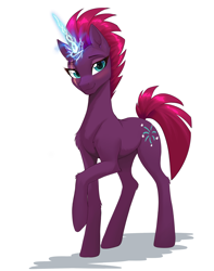 Size: 1988x2528 | Tagged: safe, artist:sierraex, fizzlepop berrytwist, tempest shadow, pony, unicorn, g4, artificial horn, augmented, broken horn, ear fluff, facial scar, female, glowing, glowing horn, hoof fluff, horn, leg fluff, looking at you, magic, magic horn, mare, raised hoof, scar, simple background, slender, smiling, smiling at you, solo, tempest gets her horn back, thin, white background